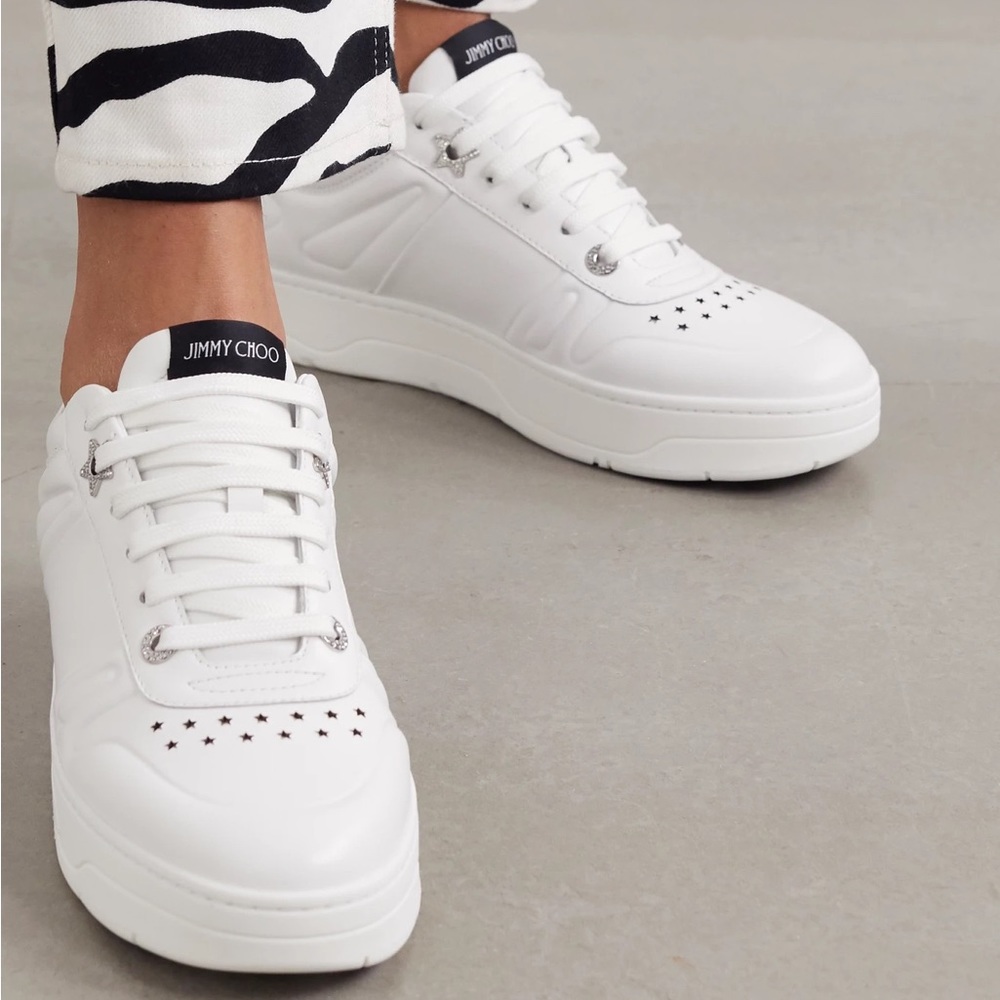 Jimmy Choo Hawaii Crystal White Leather Sneakers - size 41